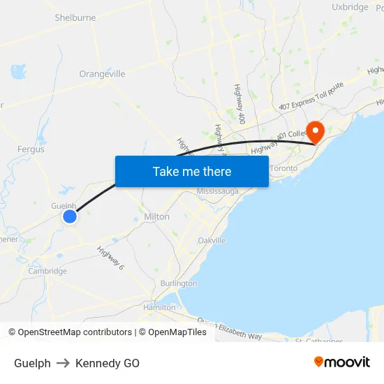Guelph to Kennedy GO map