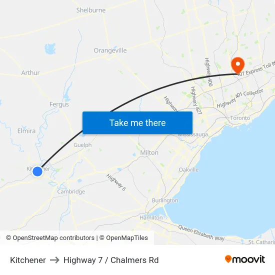 Kitchener to Highway 7 / Chalmers Rd map