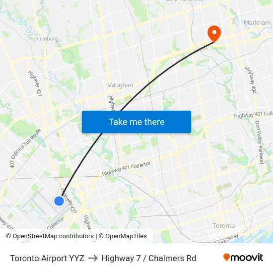 Toronto Airport YYZ to Highway 7 / Chalmers Rd map