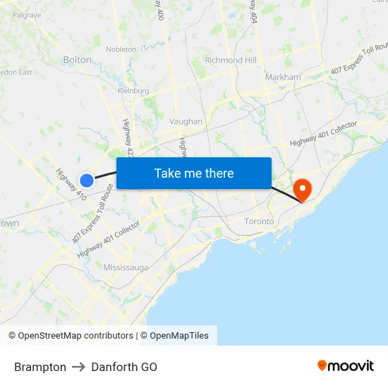 Brampton to Danforth GO map