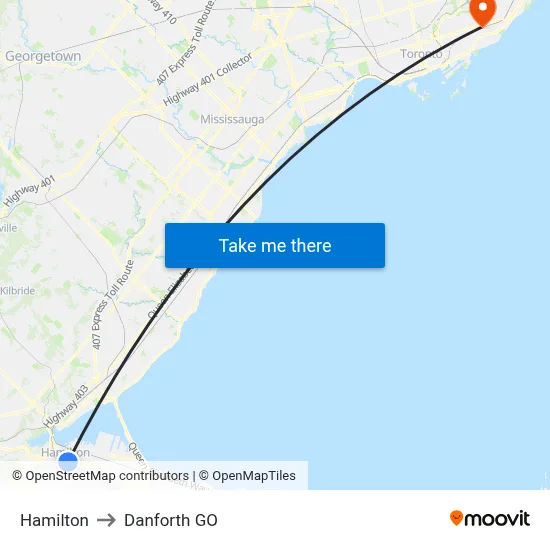 Hamilton to Danforth GO map