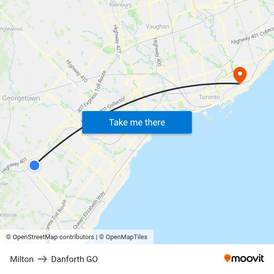 Milton to Danforth GO map
