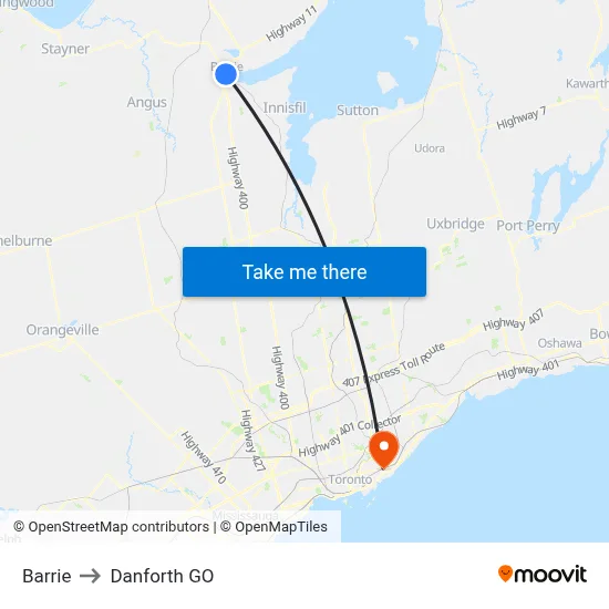 Barrie to Danforth GO map