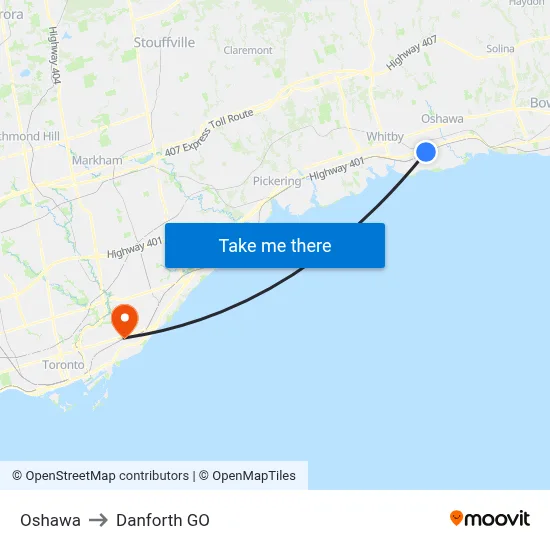 Oshawa to Danforth GO map