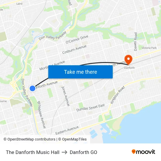 The Danforth Music Hall to Danforth GO map