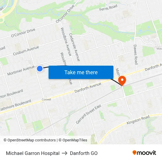 Michael Garron Hospital to Danforth GO map