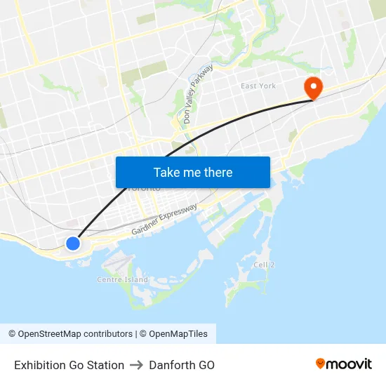 Exhibition Go Station to Danforth GO map
