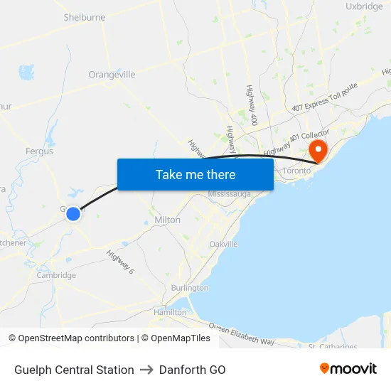 Guelph Central Station to Danforth GO map