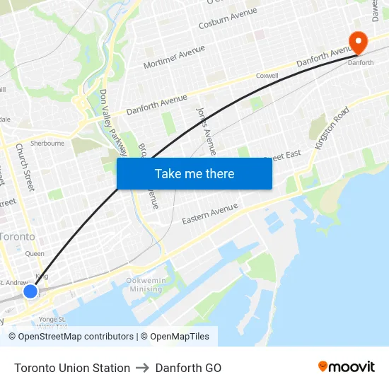 Toronto Union Station to Danforth GO map