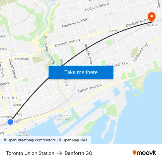 Toronto Union Station to Danforth GO map