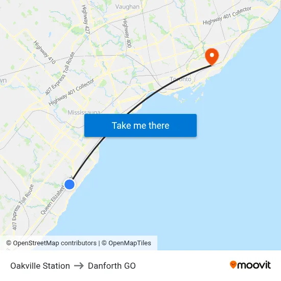 Oakville Station to Danforth GO map