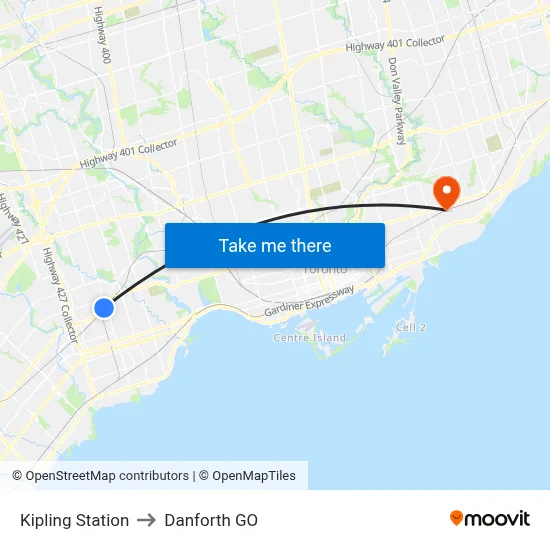 Kipling Station to Danforth GO map