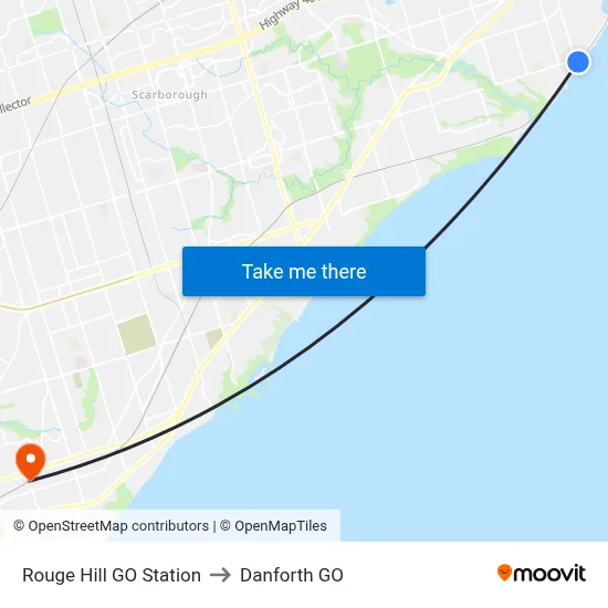 Rouge Hill GO Station to Danforth GO map