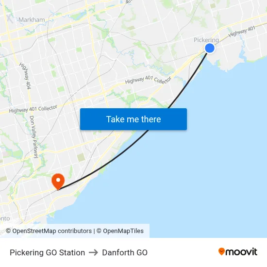 Pickering GO Station to Danforth GO map