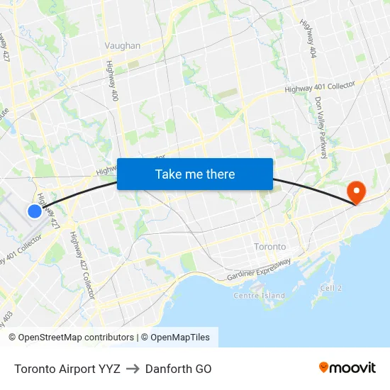 Toronto Airport YYZ to Danforth GO map