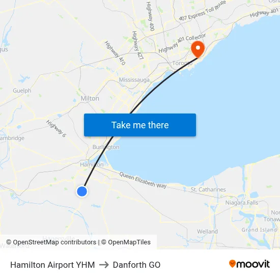 Hamilton Airport YHM to Danforth GO map