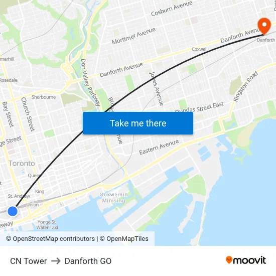 CN Tower to Danforth GO map