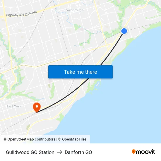 Guildwood GO Station to Danforth GO map