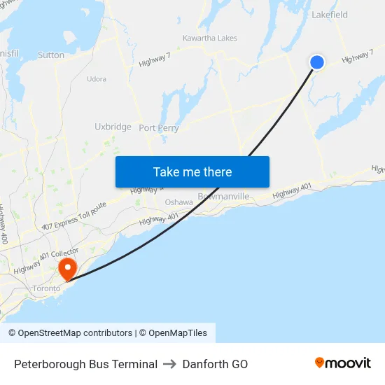 Peterborough Bus Terminal to Danforth GO map