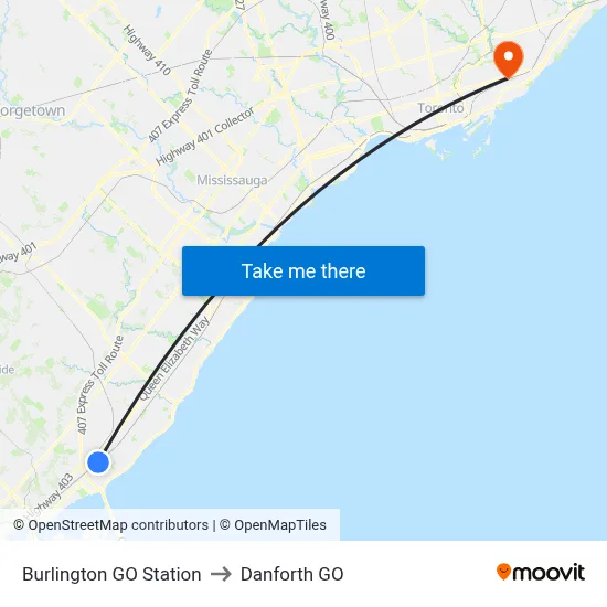 Burlington GO Station to Danforth GO map