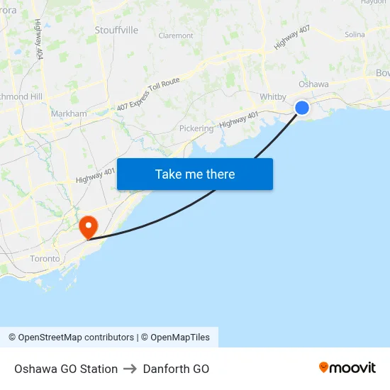 Oshawa GO Station to Danforth GO map