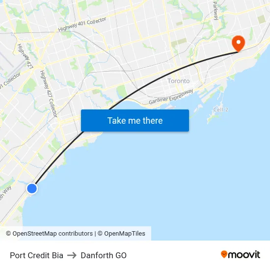 Port Credit Bia to Danforth GO map