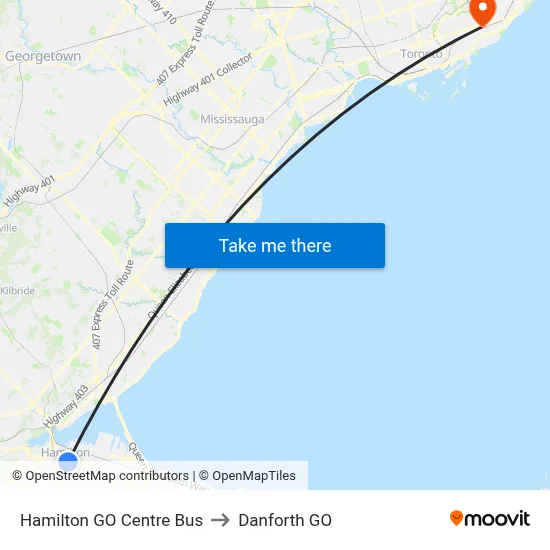 Hamilton GO Centre Bus to Danforth GO map