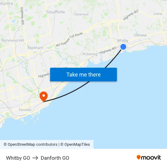 Whitby GO to Danforth GO map