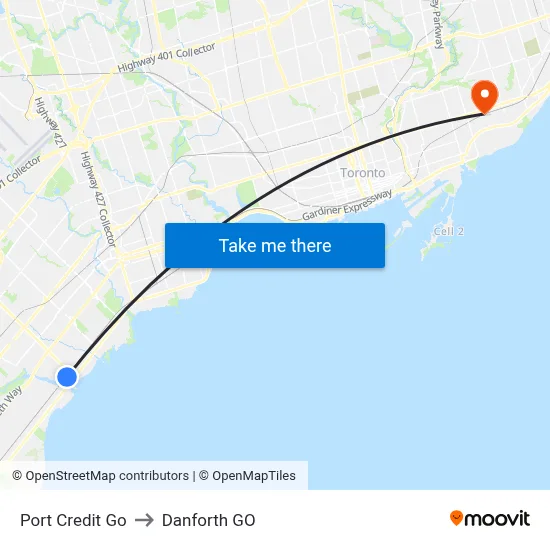 Port Credit Go to Danforth GO map