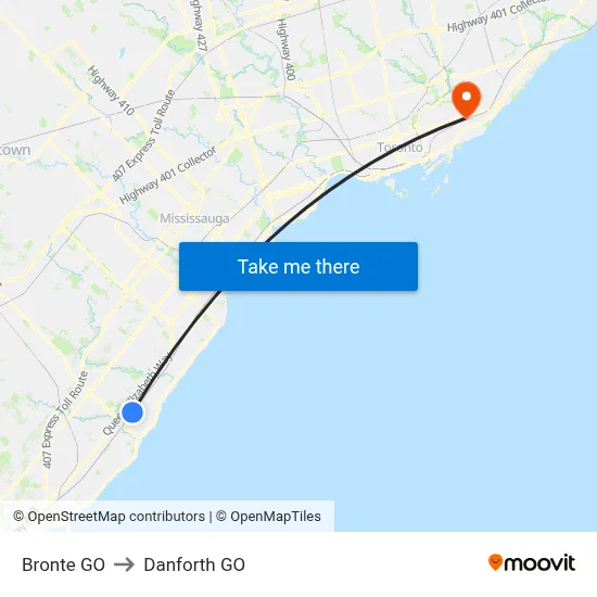 Bronte GO to Danforth GO map