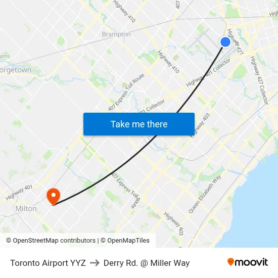 Toronto Airport YYZ to Derry Rd. @ Miller Way map