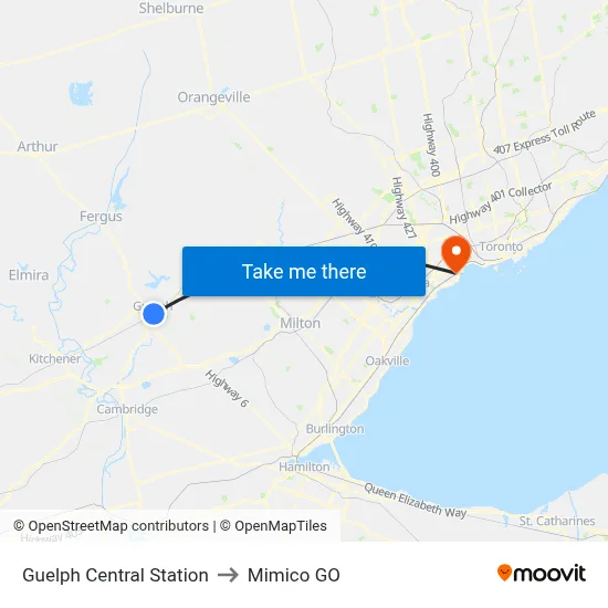 Guelph Central Station to Mimico GO map