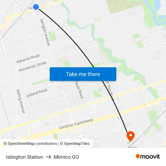 Islington Station to Mimico GO map
