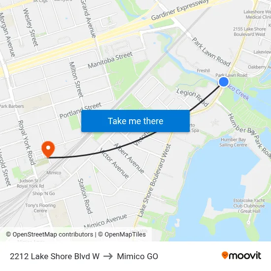 2212 Lake Shore Blvd W to Mimico GO map