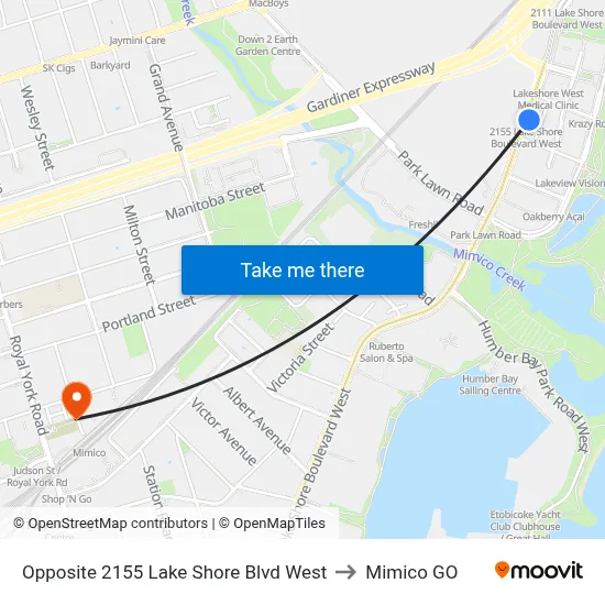 Opposite 2155 Lake Shore Blvd West to Mimico GO map