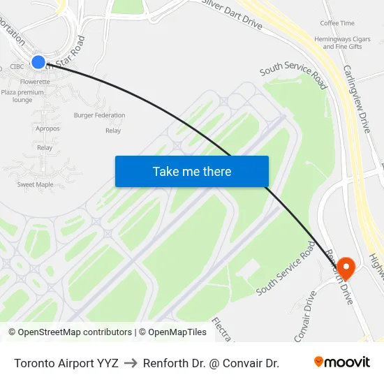 Toronto Airport YYZ to Renforth Dr. @ Convair Dr. map