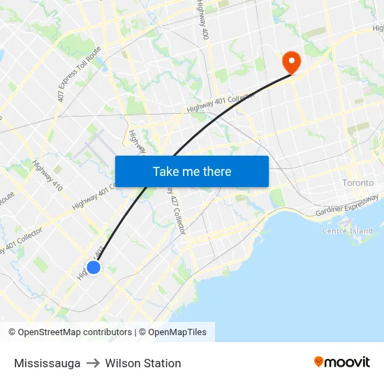 Mississauga to Wilson Station map