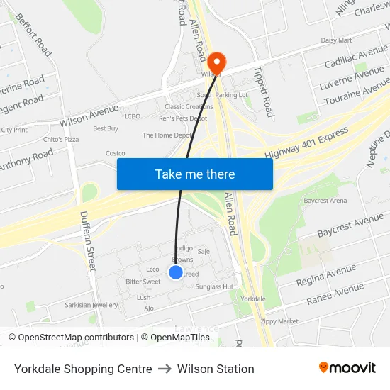 Yorkdale Shopping Centre to Wilson Station map