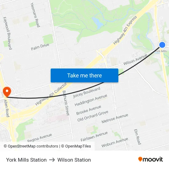 York Mills Station to Wilson Station map