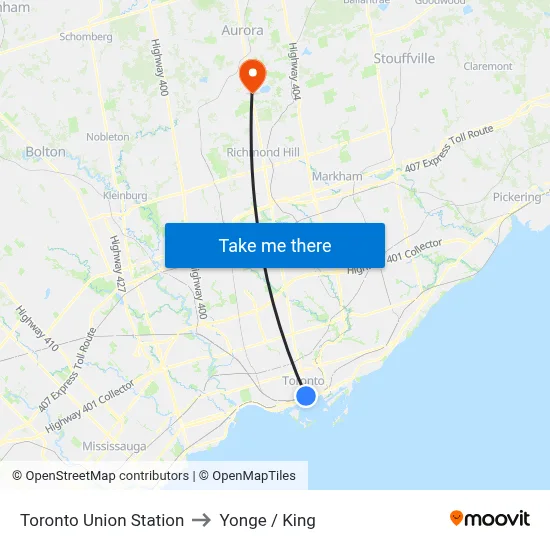 Toronto Union Station to Yonge / King map