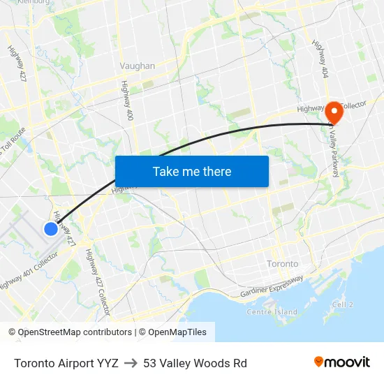 Toronto Airport YYZ to 53 Valley Woods Rd map