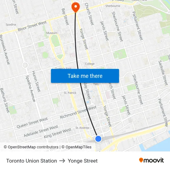 Toronto Union Station to Yonge Street map