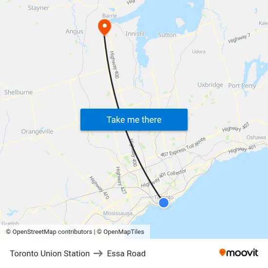 Toronto Union Station to Essa Road map
