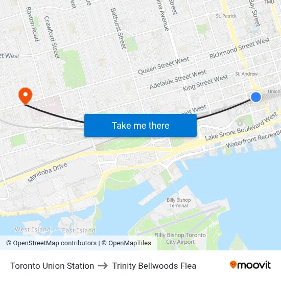 Toronto Union Station to Trinity Bellwoods Flea map