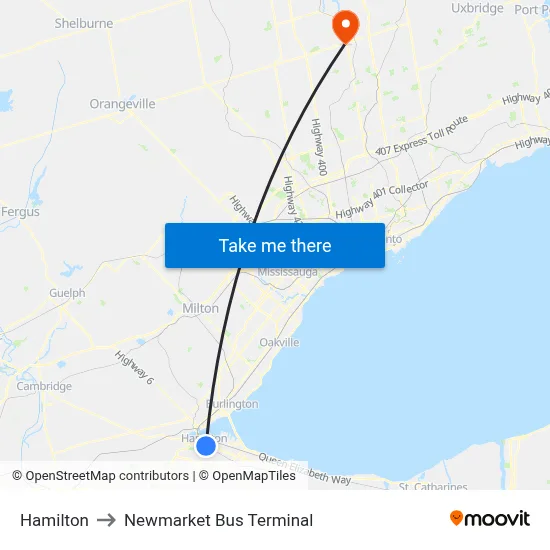 Hamilton to Newmarket Bus Terminal map