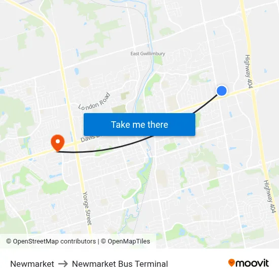 Newmarket to Newmarket Bus Terminal map