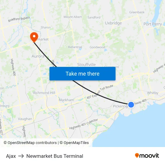 Ajax to Newmarket Bus Terminal map