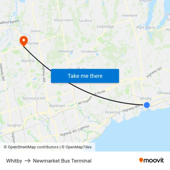 Whitby to Newmarket Bus Terminal map