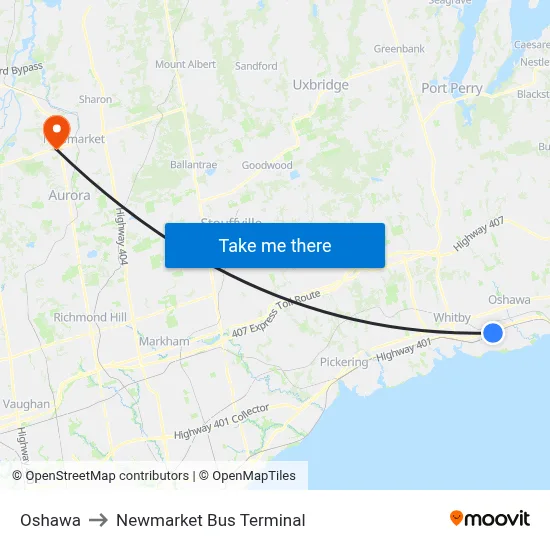 Oshawa to Newmarket Bus Terminal map