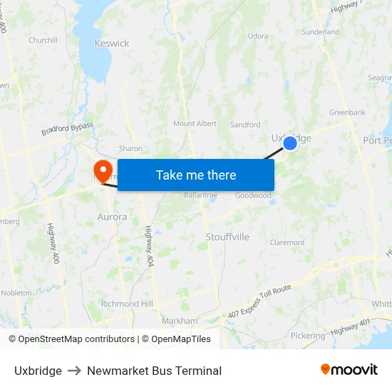 Uxbridge to Newmarket Bus Terminal map